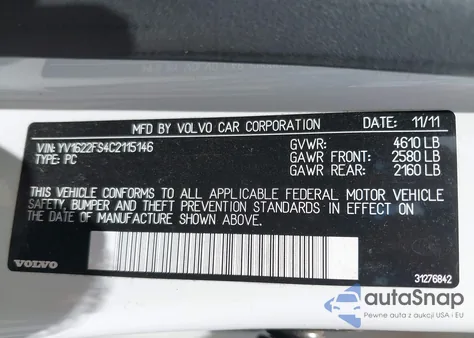 2012 Volvo S60 T5 from USA, damaged, VIN YV1622FS4C2115146